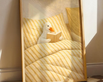 Duck Reading Book Lover Gift: Yellow Duck Wall Art, Cozy Animal Print for Nursery