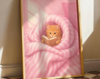 Cuadro de gato leyendo rosa: Estampado de gatito en tonos pastel, decoración suave para el rincón de lectura del dormitorio de niña.