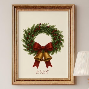 Bourgondische strik kerstkrans print, vintage vakantiedecor (digitale download)