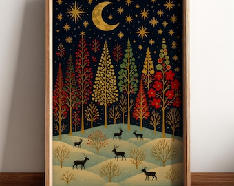 Scandinavian Christmas Wall Art: Golden Moon Holiday Decor, Nordic Christmas Landscape