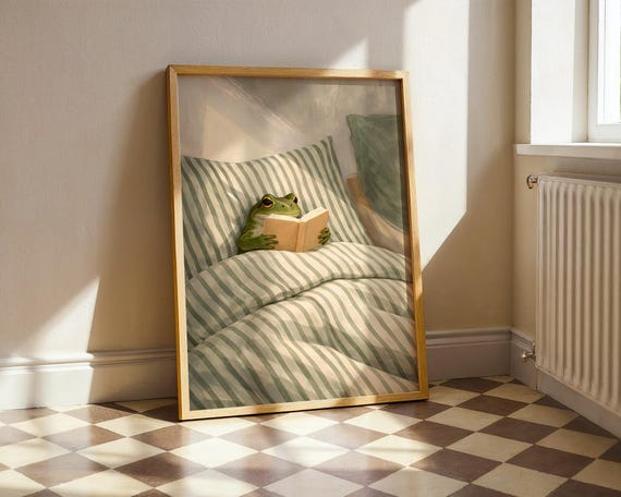 Frog Reading Nook Decor: Funny Frog Wall Art, Cottagecore Poster, Book Lover Gift