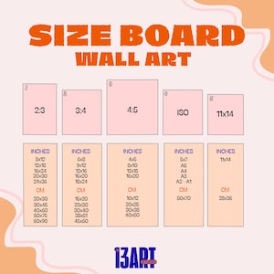 May include: A size board wall art print guide with dimensions in inches and centimeters. The guide includes ratios like 2:3, 3:4, 4:5, ISO, and 11x14, with corresponding inch and cm measurements for each size. The text "SIZE BOARD WALL ART" is at the top.