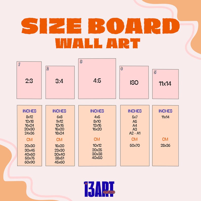 May include: A size board wall art print guide with dimensions in inches and centimeters. The guide includes ratios like 2:3, 3:4, 4:5, ISO, and 11x14, with corresponding inch and cm measurements for each size. The text "SIZE BOARD WALL ART" is at the top.