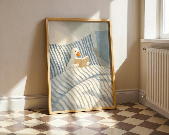 Duck Reading Book Lover Gift: Blue Duck Wall Art, Cozy Animal Print for Nursery