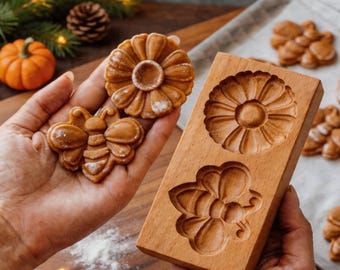 Bee & Flower Cookie Mold: Home Baking Biscuit Cutter, Wooden Cookie Stamp for Kid