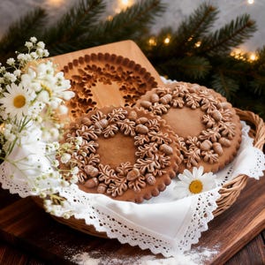 Peut inclure: Deux biscuits ronds en pain d'épices avec un motif de couronne, présentés dans un panier en osier doublé d'un tissu blanc bordé de dentelle. Un moule en bois avec un motif similaire se trouve derrière les biscuits. Les biscuits sont bruns avec un motif détaillé de feuilles et de noix.