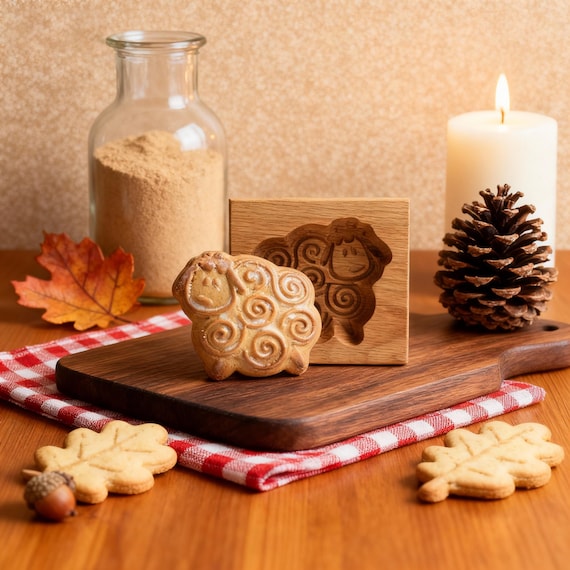 Little Lamb Cookie Embosser: Baking Cutter, Wooden Animal Cookie Stamp