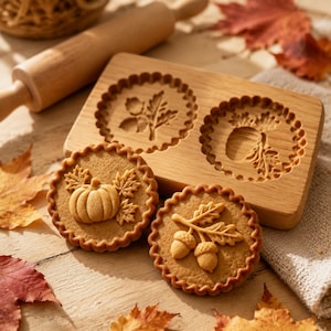 Könnte beinhalten: Eine rechteckige Keksform aus Holz mit zwei kreisförmigen, geschnitzten Vertiefungen mit herbstlichen Motiven, begleitet von zwei runden, gebackenen Keksen. Ein Keks zeigt ein Kürbismotiv, der andere ein Paar Eicheln mit Blättern.