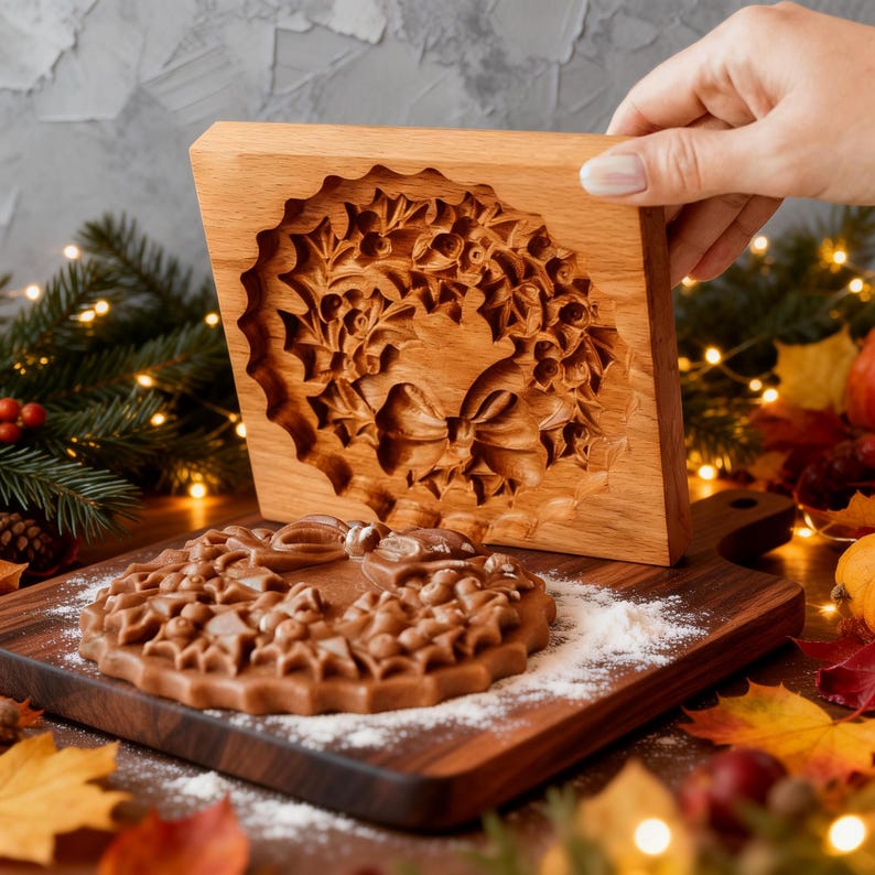 May include: A wooden cookie mold with a detailed wreath design. The mold is held above a wooden cutting board with a wreath-shaped cookie and flour. The wreath design includes leaves, berries, and a bow.