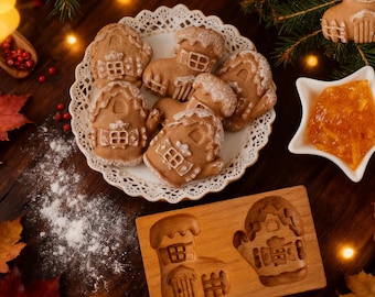 Gingerbread House & Mitten House Cookie Mold: Wooden Chirstmas Backing Tool