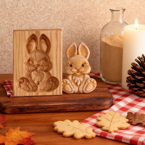 Peut inclure: Un moule à biscuits en bois en forme de lapin et un biscuit lapin fini sont posés sur une planche à découper en bois. Une petite figurine de lapin détaillée est à côté du moule. Deux biscuits en forme de feuille et une bougie allumée sont également présents.