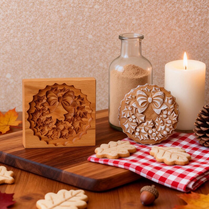 May include: A wooden cookie mold with a wreath design and a baked cookie with a similar wreath design. The cookie is decorated with white icing. A lit candle, a glass jar, and leaf-shaped cookies are also present.