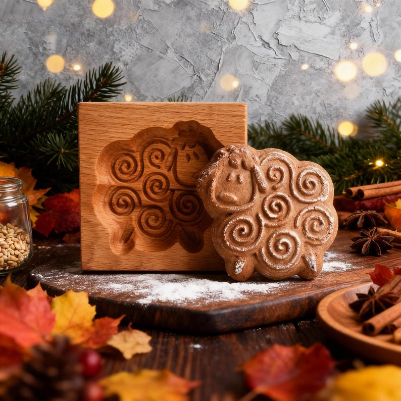 May include: A wooden sheep-shaped cookie mold and a baked cookie. The mold is square with a carved sheep design. The cookie is brown with a dusting of white powder. Autumn leaves and spices surround the objects.