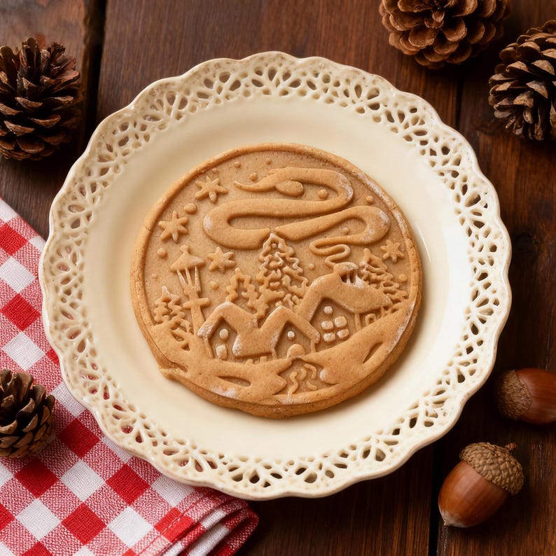 May include: A round gingerbread cookie with a winter village design sits on a cream-colored plate with a decorative edge. The cookie features houses, trees, and stars. Pine cones and acorns are scattered around the plate on a wooden surface.