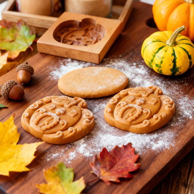 May include: A wooden pumpkin-shaped mould and two pumpkin-shaped biscuits sit on a wooden chopping board. The biscuits are surrounded by autumn leaves, acorns, and a small pumpkin. The biscuits are light brown and dusted with white powder.
