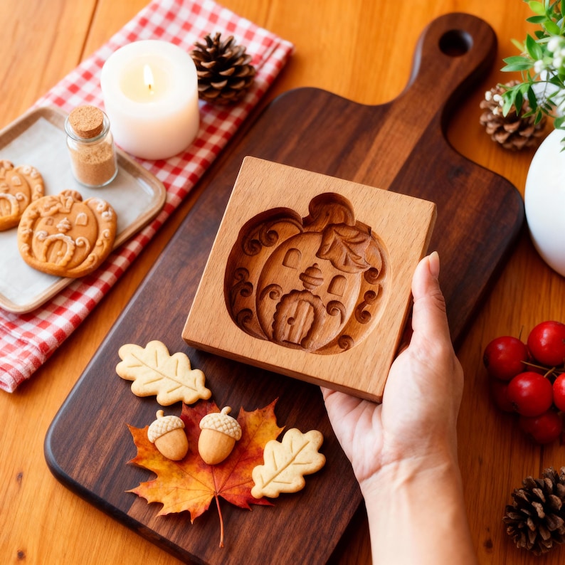 May include: A wooden pumpkin-shaped cookie mould held over a wooden chopping board. The mould features a detailed carving of a pumpkin with a house-like design. Cookies and autumn leaves are arranged on the board, with a lit candle and spices in the background.