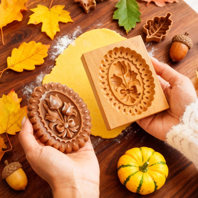May include: A wooden cookie mold with a floral design is held next to a baked cookie with the same design. The cookie and mold are brown. Yellow dough and autumn leaves are in the background. A small pumpkin and acorn are also present.