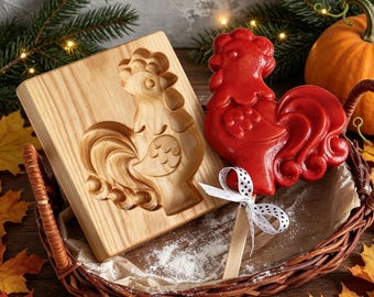 Molde de madera para galletas con forma de gallo: Sello para galletas, herramienta tradicional para hornear galletas de mantequilla.