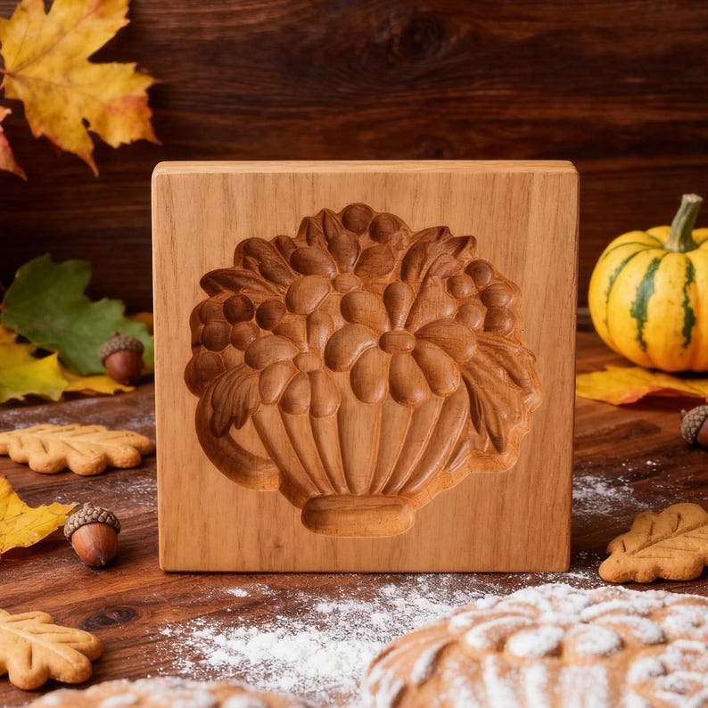 May include: A wooden cookie mold with a carved floral design. The mold features a detailed relief of flowers and leaves in a basket. The wood has a warm, natural tone. The image is set on a wooden surface with autumn leaves and a small pumpkin.