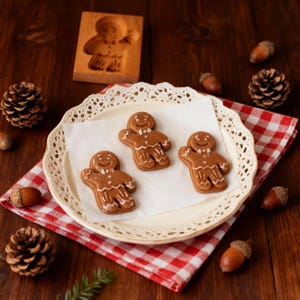 May include: Three gingerbread men cookies with white icing details on a white plate with a decorative edge. A wooden gingerbread man mold is in the background. The plate sits on a red and white checkered napkin, with pinecones and acorns scattered around.