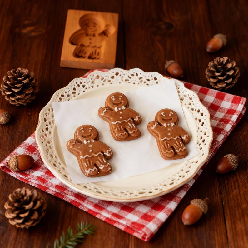 May include: Three gingerbread men cookies with white icing details on a white plate with a decorative edge. A wooden gingerbread man mold is in the background. The plate sits on a red and white checkered napkin, with pinecones and acorns scattered around.