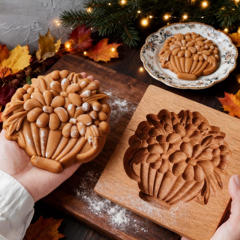 May include: A brown, flower-shaped cookie held in a hand, next to a wooden mold with the same design. A baked cookie sits on a decorative plate. The cookies and mold feature a detailed floral basket design, perfect for baking.