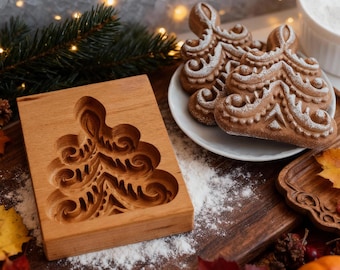 Christmas Tree Wooden Cookie Mold: Handcrafted Baking Tool For Winter Holiday Cookies