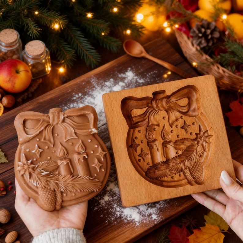 Pu&ograve; includere: Un biscotto di pan di zenzero marrone e uno stampo in legno a tema natalizio. Il biscotto e lo stampo hanno la forma di una palla di Natale con fiocco, candele, stelle e aghi di pino. Lo sfondo include luci natalizie e altri elementi festivi.