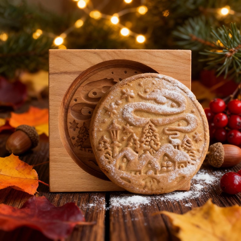 May include: A round, light brown gingerbread cookie with a detailed winter village design, dusted with powdered sugar. The cookie sits next to a wooden mold with a matching carved pattern. Autumn leaves and berries surround the cookie.