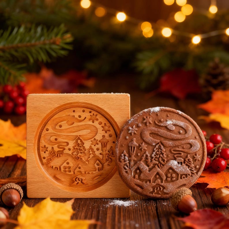 May include: A wooden cookie mold and a decorated cookie with a winter village scene. The mold is square with a circular carving. The cookie is round, dusted with white powder, and features a detailed embossed design of houses, trees, and a swirling sky.