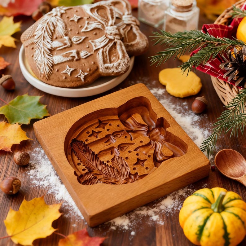 Pu&ograve; includere: Uno stampo per biscotti in legno con un design dettagliato di fiocco, stelle e piume. Un biscotto di pan di zenzero cotto con glassa bianca &egrave; su un piatto. Foglie d'autunno e una piccola zucca sono sparse.
