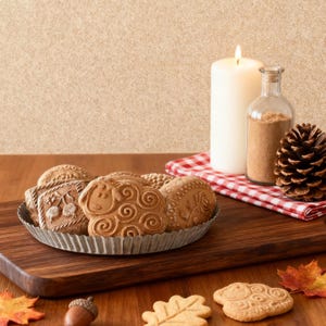 May include: A rustic still life features a metal tray filled with intricately designed cookies. A lit white candle, a glass bottle with a cork, and a pinecone sit on a red and white checkered cloth. Autumn leaves and an acorn complete the scene.