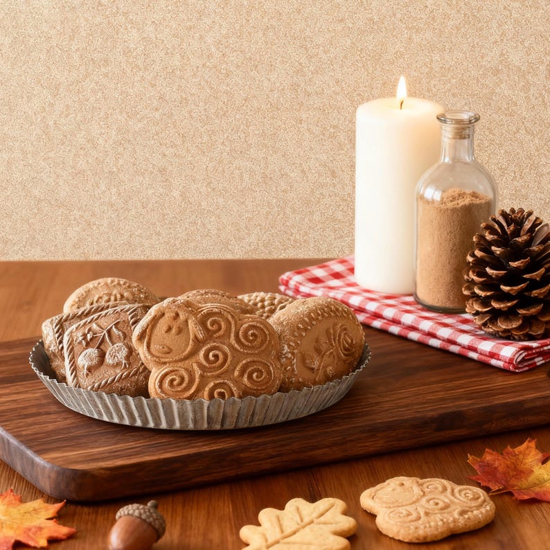May include: A rustic still life features a metal tray filled with intricately designed cookies. A lit white candle, a glass bottle with a cork, and a pinecone sit on a red and white checkered cloth. Autumn leaves and an acorn complete the scene.