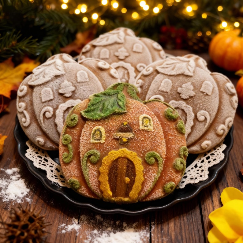 May include: A selection of pumpkin-shaped biscuits on a black plate with a white lace doily. The biscuits are decorated with detailed designs, including a pumpkin house with a door and windows. The biscuits are orange and brown with green and yellow accents.
