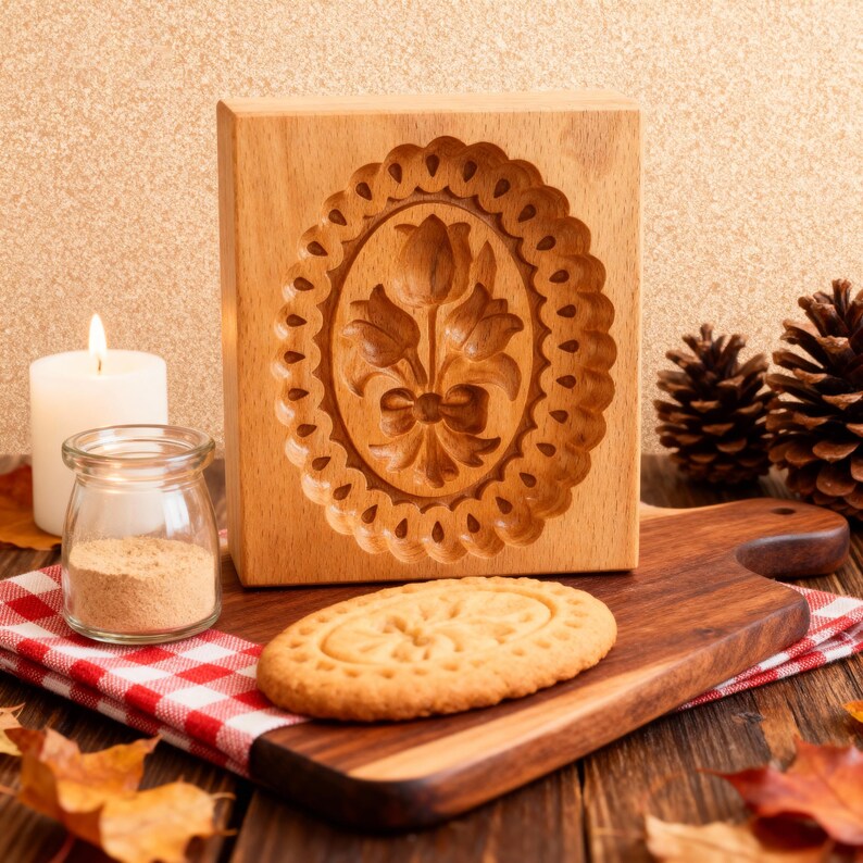 May include: A wooden cookie mold with a floral design is displayed next to a baked cookie on a wooden cutting board. A lit candle, a jar of spices, and pine cones are also in the image. The cookie has a similar floral design.
