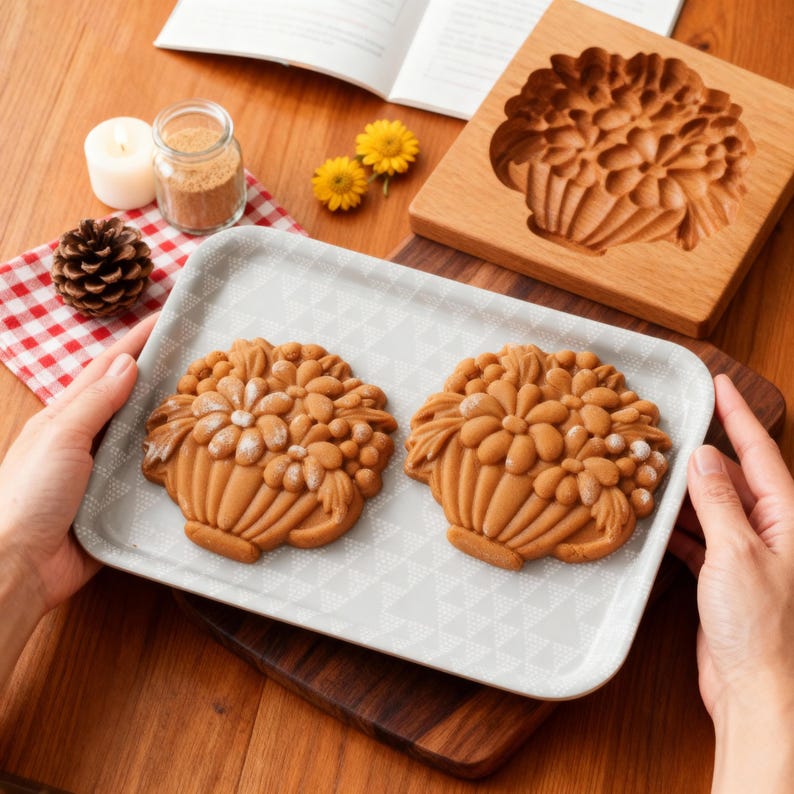 May include: Two flower-shaped cookies on a gray tray with a geometric pattern. A wooden mold with a flower design sits nearby. Other items include a candle, a jar of brown powder, a pinecone, and yellow flowers.