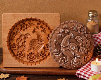 Bird & Flower Cookie Cutter: Holiday Baking Accessory, Wooden Baking Biscuit Stamp