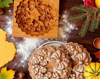 Molde para galletas con forma de corona de moño: cortador de galletas de madera con relieve, ideal para hornear en las fiestas.