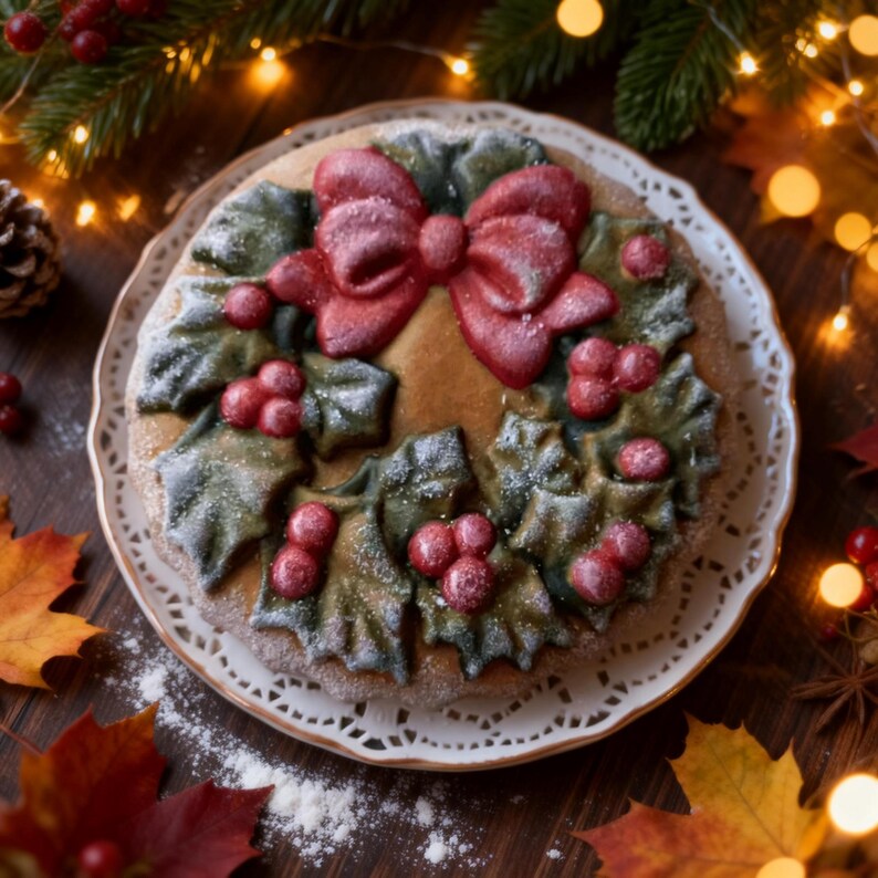 May include: A round cake decorated with a red bow, holly leaves, and red berries. The cake is on a white plate with a gold rim. The cake is dusted with powdered sugar, and the background includes fall leaves and Christmas lights.