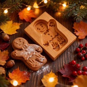 May include: A gingerbread man cookie next to a wooden gingerbread man mold. The cookie is decorated with white icing. The scene is surrounded by fall leaves, acorns, and berries, with a string of lights.