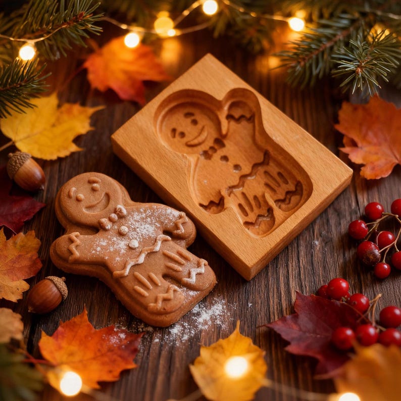 May include: A gingerbread man cookie next to a wooden gingerbread man mold. The cookie is decorated with white icing. The scene is surrounded by fall leaves, acorns, and berries, with a string of lights.
