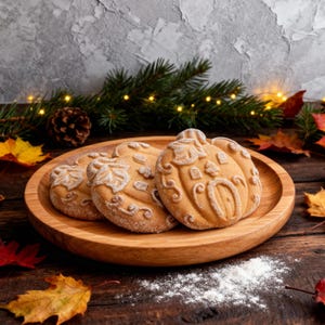 May include: Three pumpkin-shaped biscuits with detailed patterns are presented on a wooden plate. The biscuits are light brown and dusted with icing sugar. The plate rests on a dark wooden surface, adorned with autumn leaves and pine needles, creating a seasonal display.