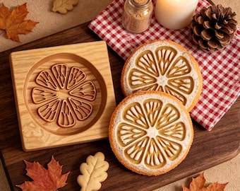 Cortador de galletas de madera con forma de naranja cítrica: Sello para galletas, Regalo para hornear