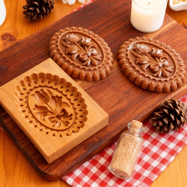 May include: A wooden cookie mold with a floral design and two baked cookies with the same design. The cookies are brown and oval-shaped. A small glass jar with a cork stopper and a pine cone are also on the wooden surface.