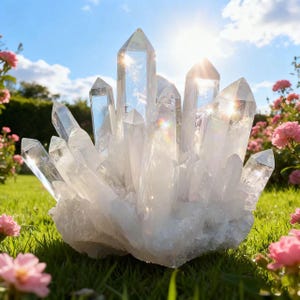 Può includere: Un gruppo di cristalli di quarzo trasparente, illuminati dalla luce del sole, poggia su erba verde. Rose rosa e un cielo blu con nuvole fanno da sfondo. I cristalli hanno punte affilate.