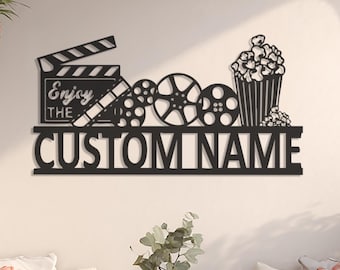 Custom filmkamerbord, gepersonaliseerde thuisbioscoop metalen muurkunst, decor bioscoop, filmrol popcornnaambord, cadeau voor filmliefhebbers