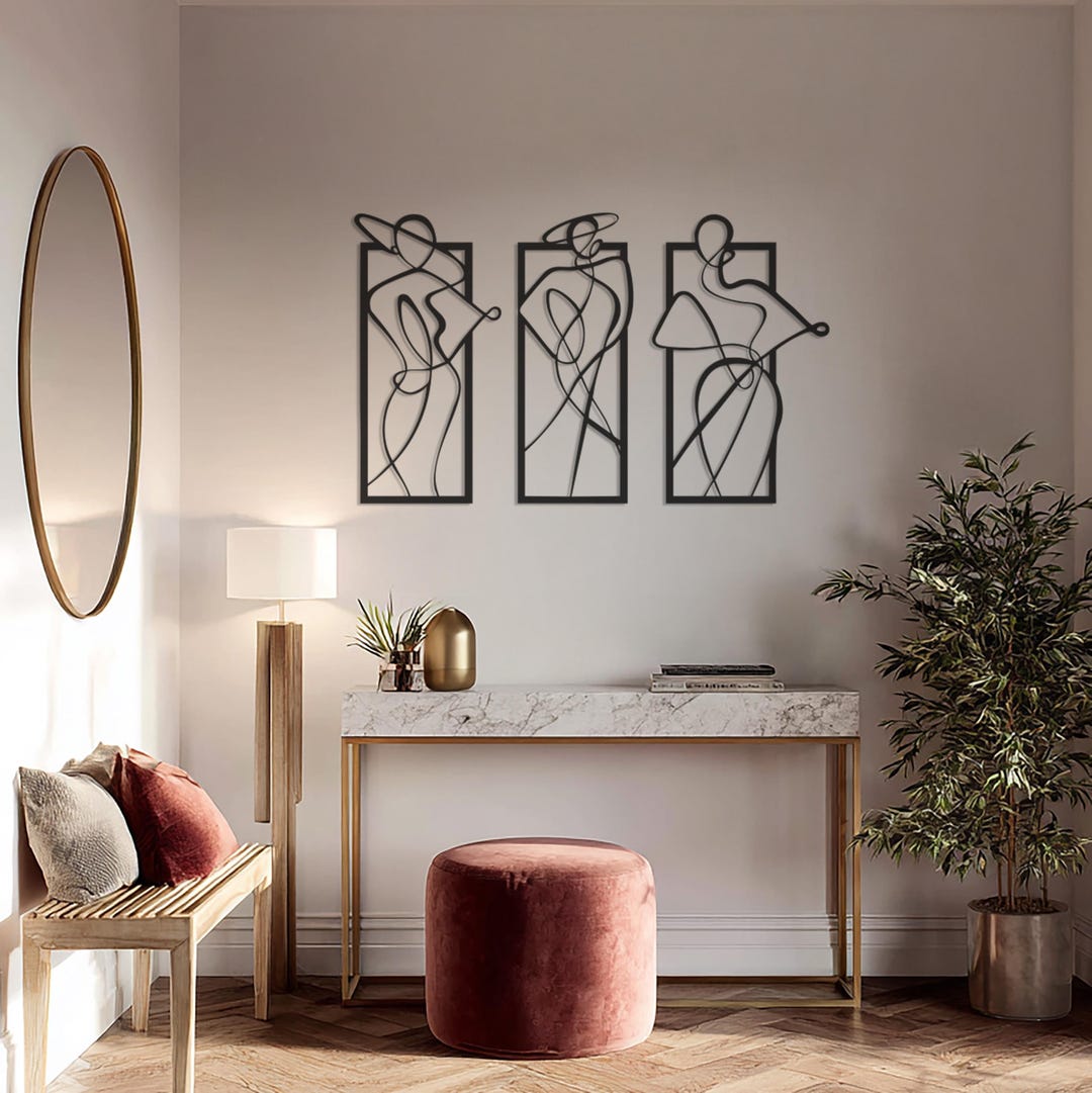 Minimalist Abstract Line Art, Modern Metal Art, Set of Three Figures ...