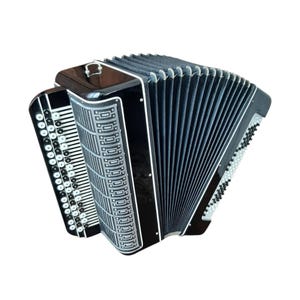 May include: A black accordion with a shiny finish and decorative silver accents. The instrument features a keyboard with white keys and a bellows with dark grey pleats. A handle is visible on the top.