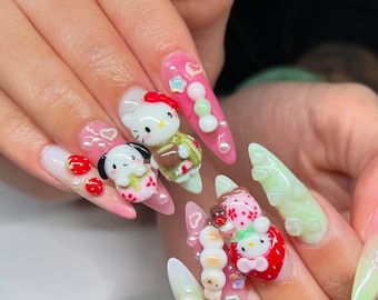 3D Kawaii Cat Press-On Nails: Pastel Coquette Cartoon Nail Art Set