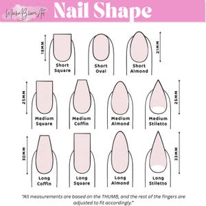 Peut inclure: Sch&eacute;ma des formes d'ongles : Carr&eacute; Court (18mm), Ovale Court, Amande Courte (21mm), Carr&eacute; Moyen (25mm), Cercueil Moyen, Amande Moyenne, Stiletto Moyen (26mm), Cercueil Long (30mm), Carr&eacute; Long, Amande Longue, et Stiletto Long (33mm).